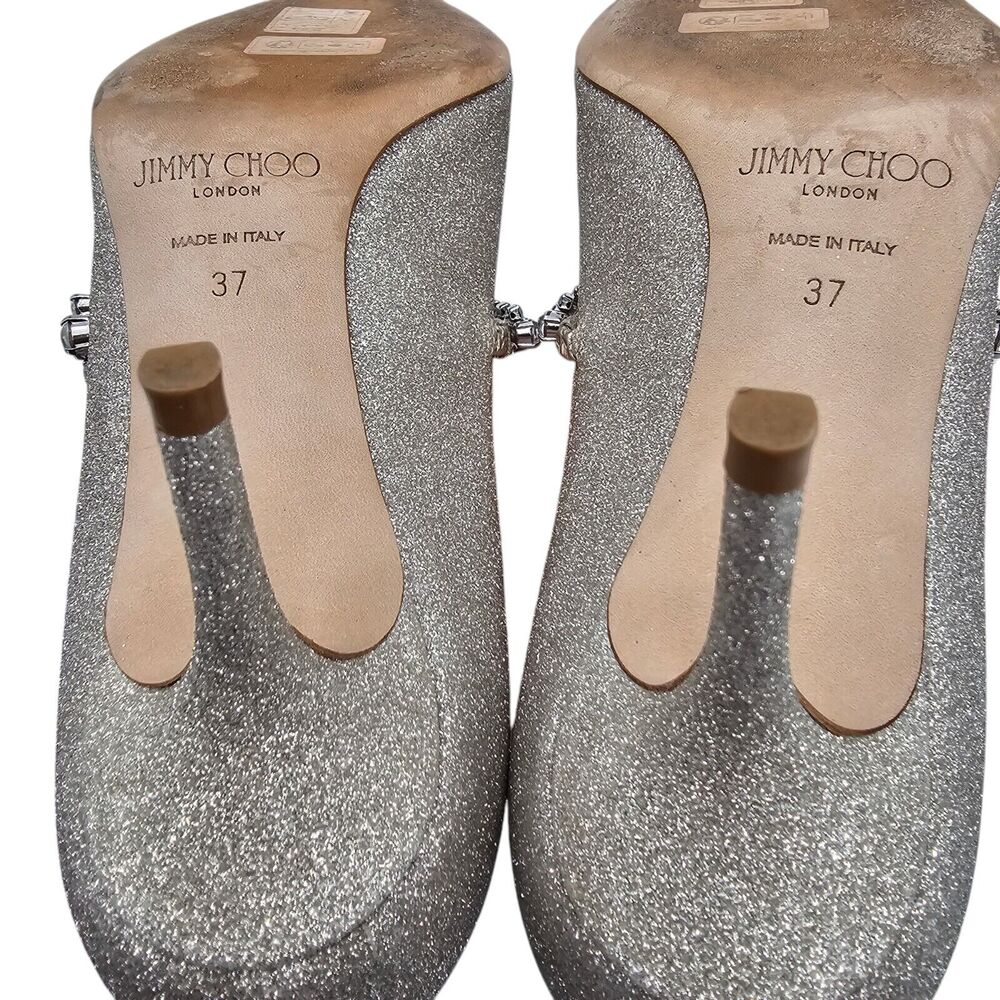Jimmy Choo Bing Crystal Embellished Mary Jane Pump Size 37 US 7 Silver Glitter - Picture 8 of 9